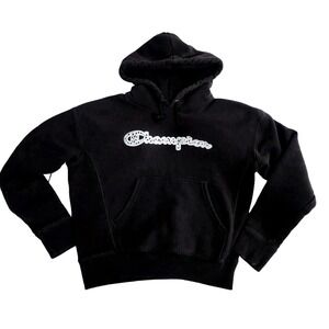 Champion Y2K Reverse Weave Hoodie Small Black Spellout Embroidered